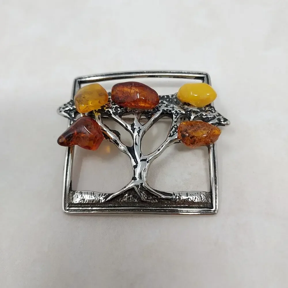 Natural Amber Tree of Life Brooch Silver Tone 1.5